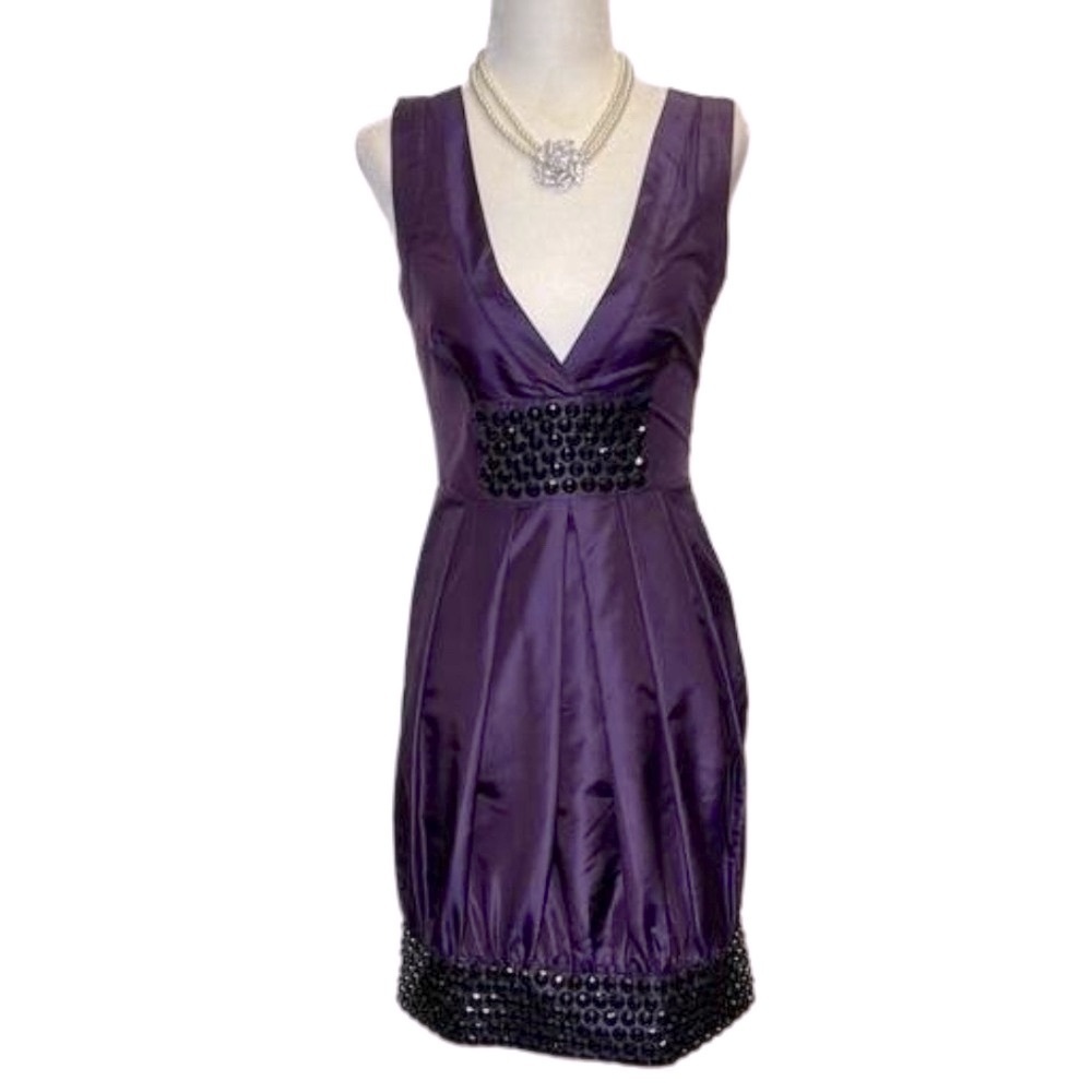 bebe Purple Silk Party Dress with Black Beading & Plunging Neckline